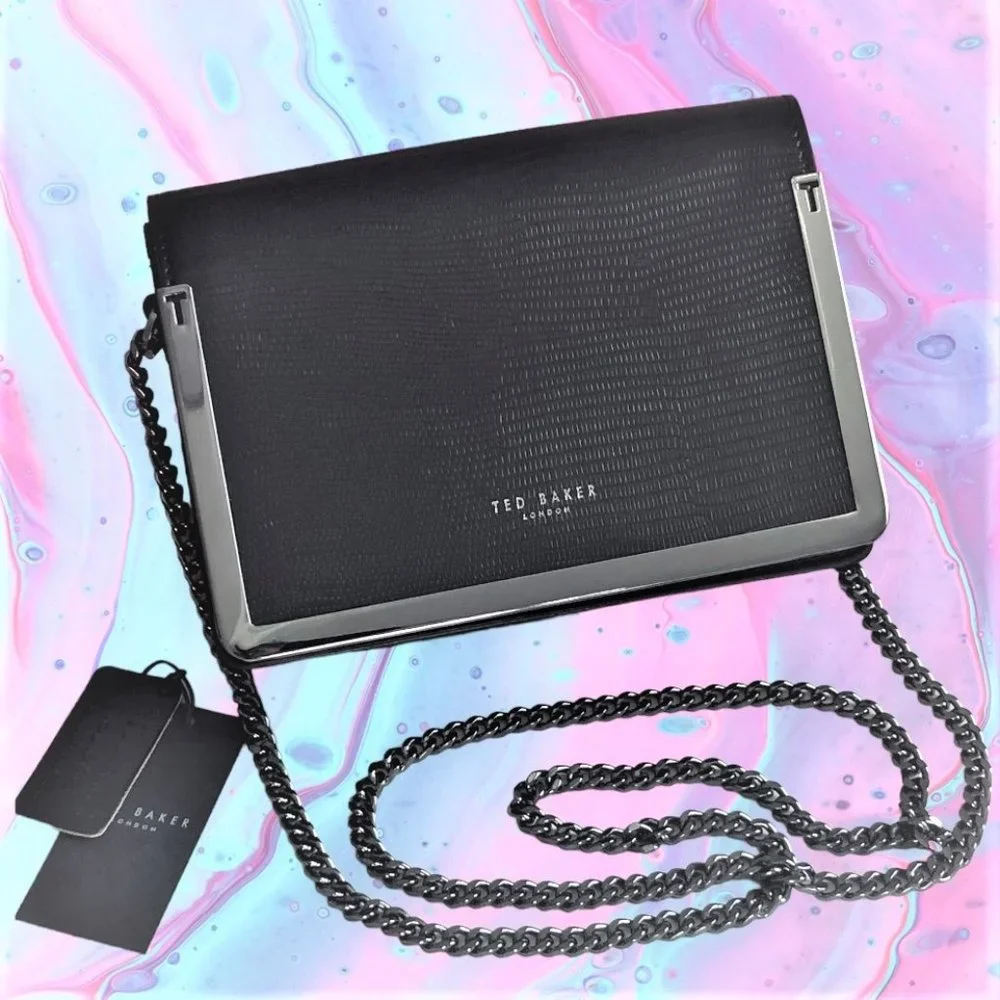 TED BAKER LONDON Black Leather Crossbody /Clutch Purse with Detachable Chain New - Picture 2 of 6